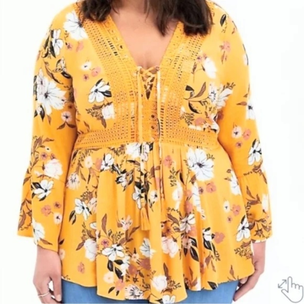 Mustard Babydoll Gauze Crochet Trim Lace-Up Top